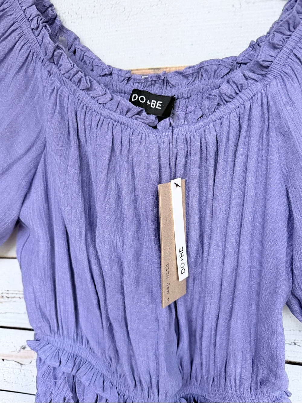 NWT DO+BE Lilac Puff Sleeve Smocked Ruffle Mini Dress - Medium - Picture 3 of 4